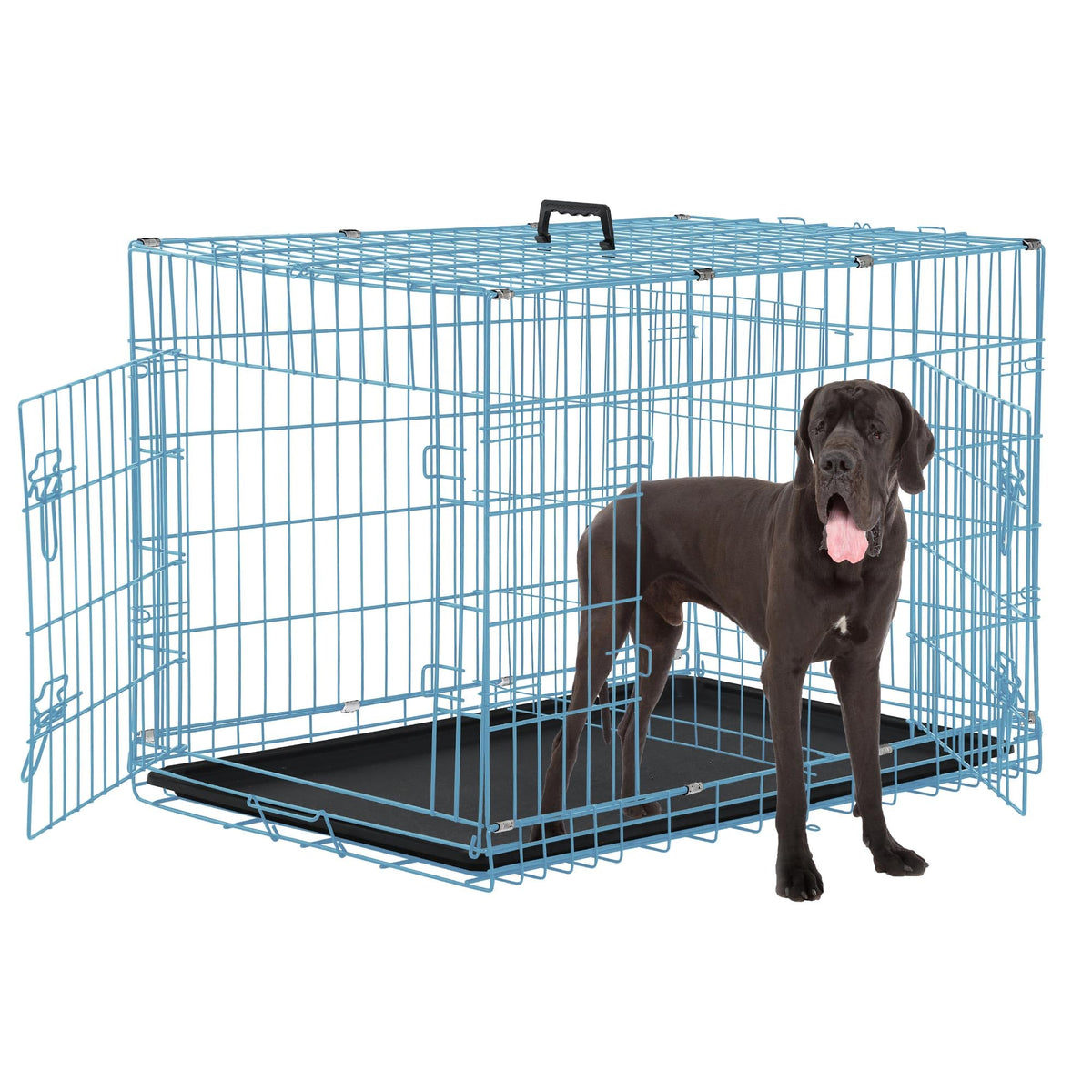48 Inch Double-Door Folding Dog Crate with Tray and Handle V588