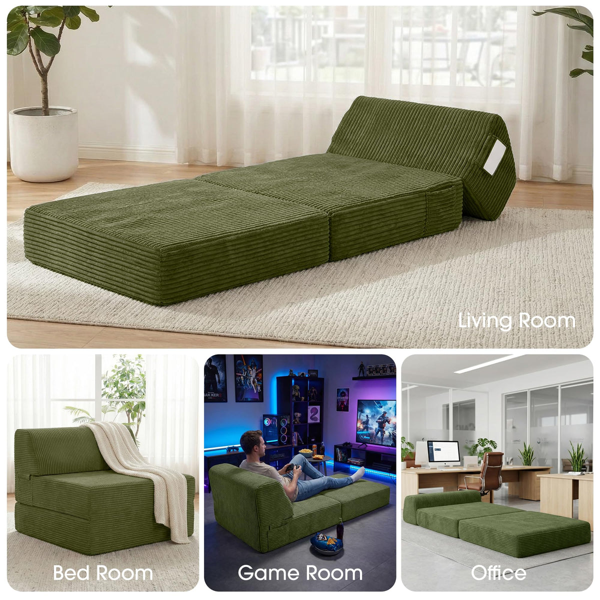 Folding Sofa Bed with Pillow, Memory Foam Sleeper Chair, Green A193