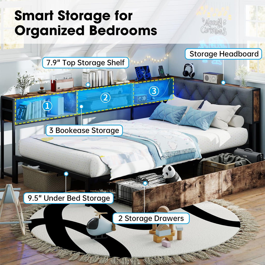 Twin Size Corner Bed Frame with Storage Bookcase E684