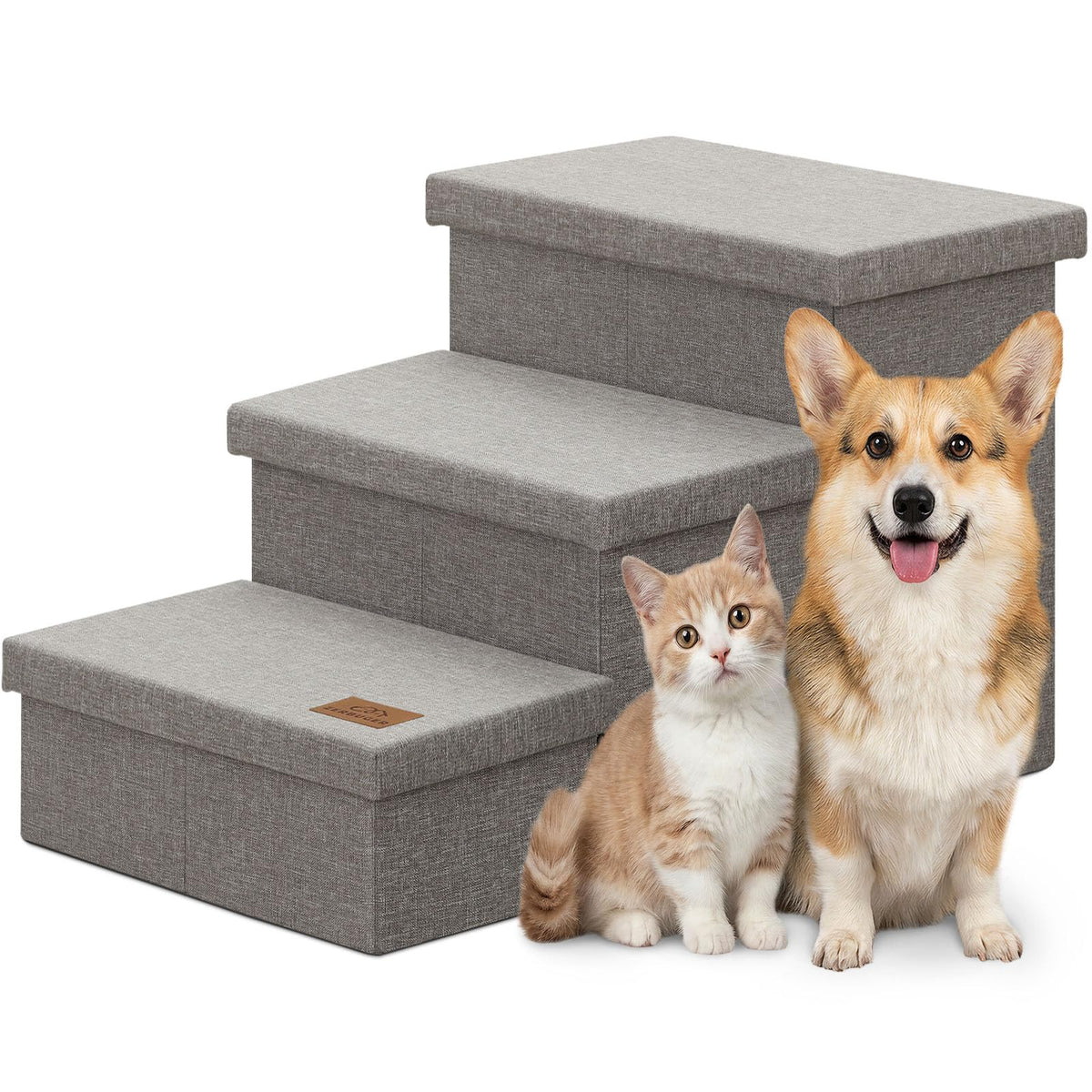 Grey 3 Steps Dog Stairs with Storage F832456