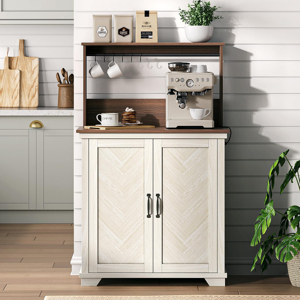 White Coffee Bar Cabinet with Storage and Charging K559