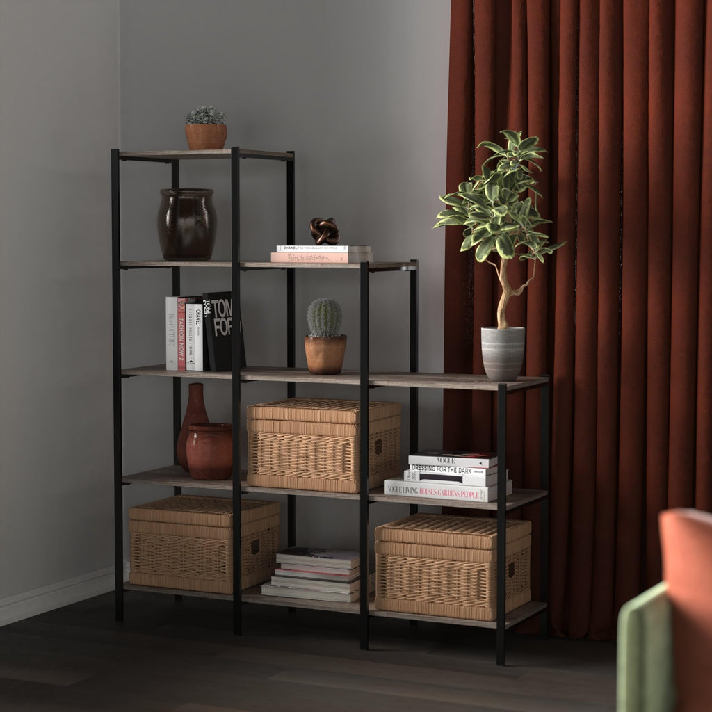 4-Tier Bookcase, 5 Shelves, Black Metal and Wood X18822