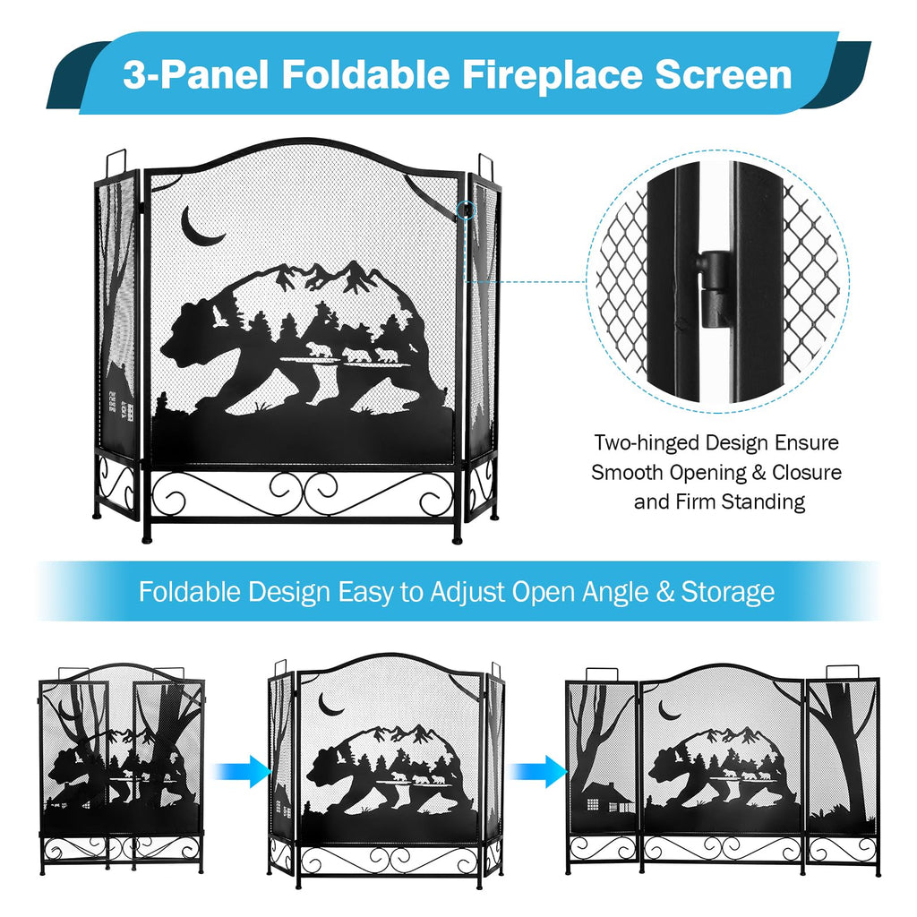 3-Panel Folding Metal Fireplace Screen Black Q961