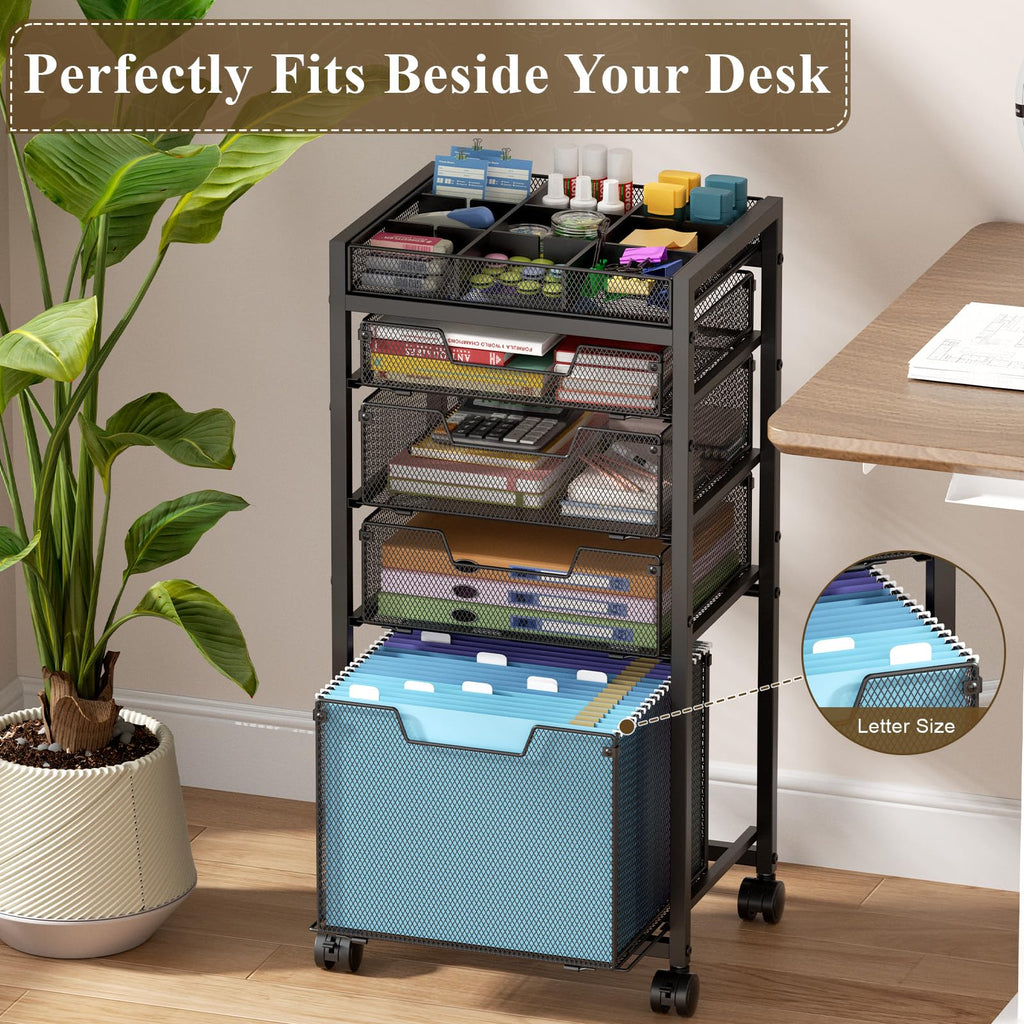 Rolling File Cart with 4 Storage Drawers, Black Metal L753