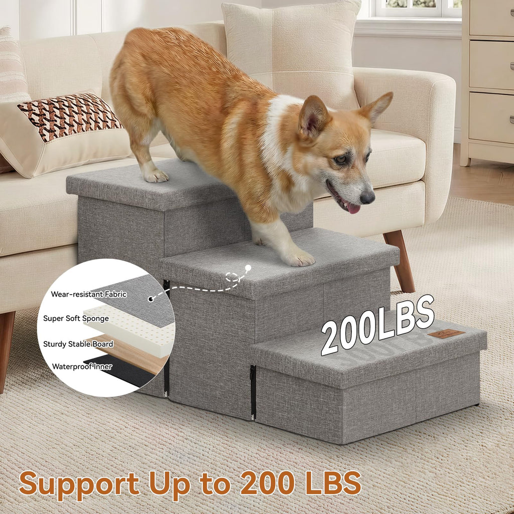 Grey 3 Steps Dog Stairs with Storage F832456