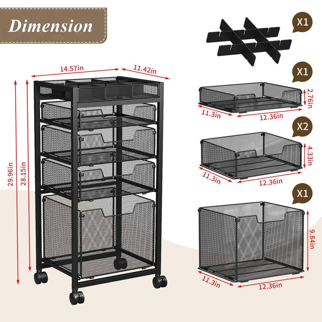 Rolling File Cart with 4 Storage Drawers, Black Metal L753