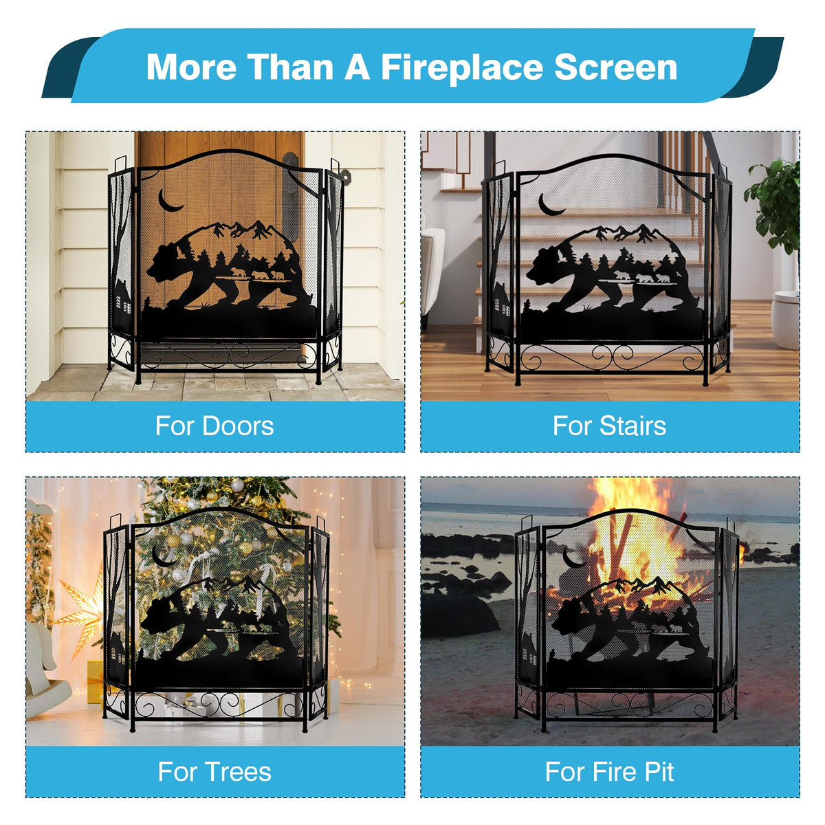 3-Panel Folding Metal Fireplace Screen Black Q961