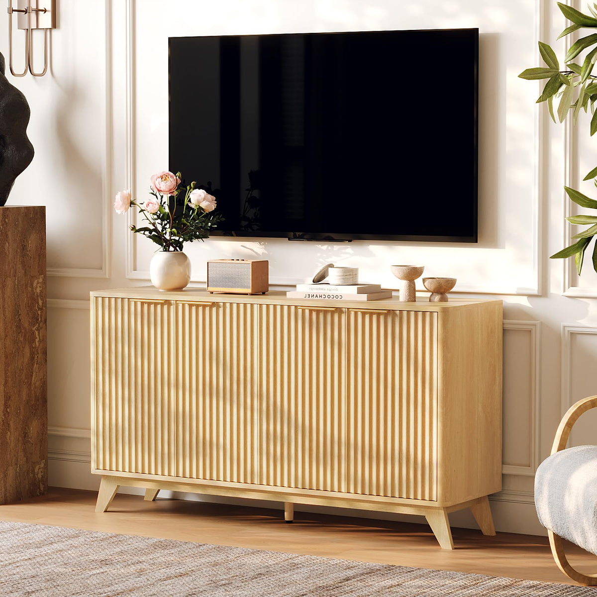 55" Fluted 4 Door Sideboard Cabinet with Adjustable Shelves J160754