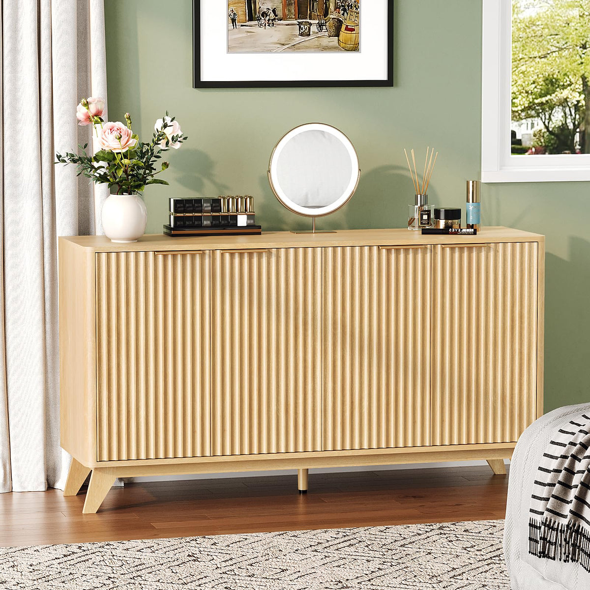 55" Fluted 4 Door Sideboard Cabinet with Adjustable Shelves J160754