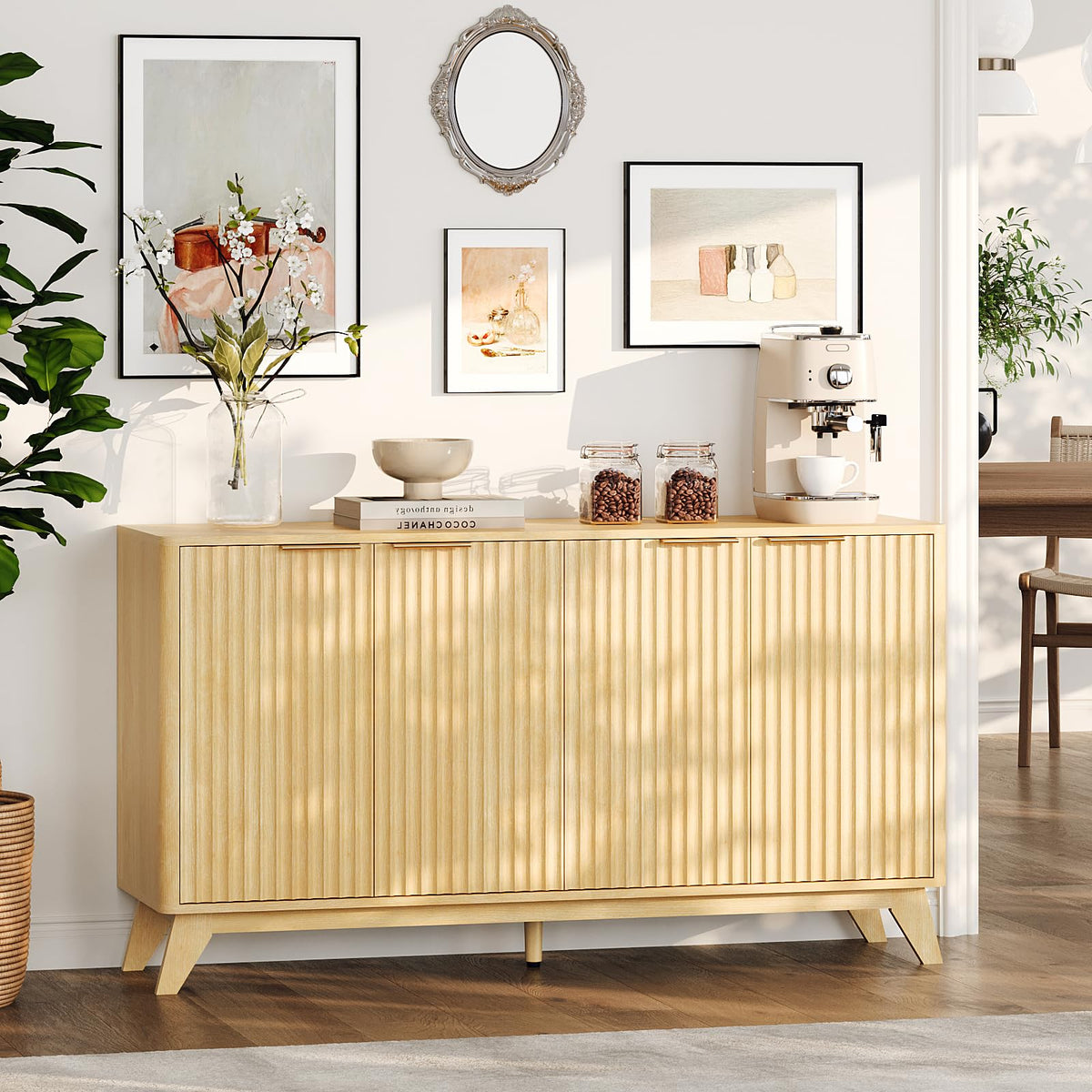 55" Fluted 4 Door Sideboard Cabinet with Adjustable Shelves J160754