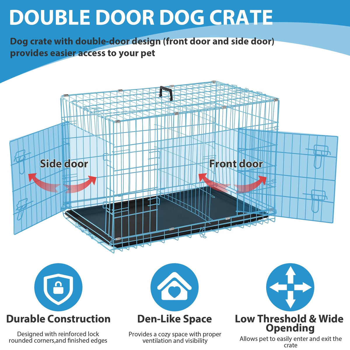 48 Inch Double-Door Folding Dog Crate with Tray and Handle V588