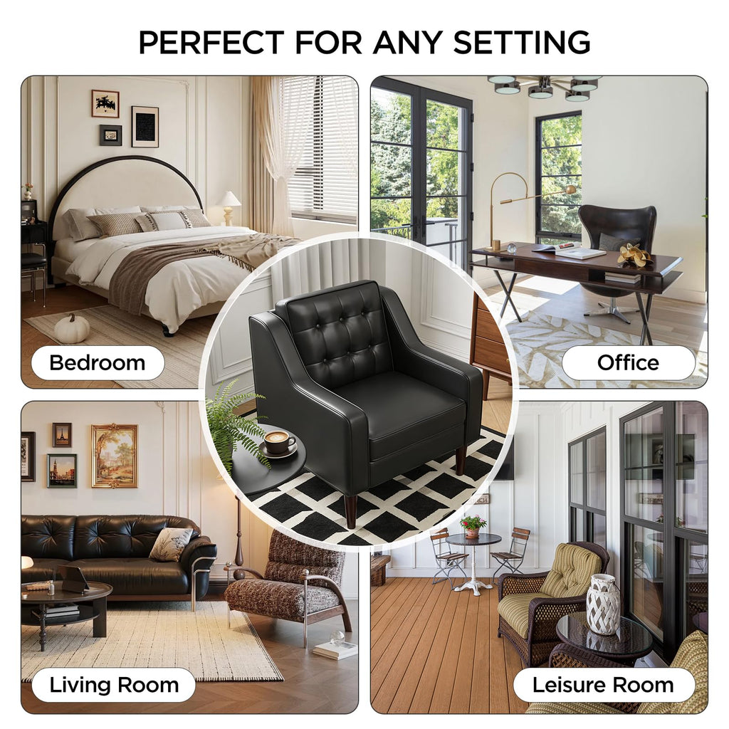 PU Leather Accent Chair Button-Tufted Upholstered Black L186