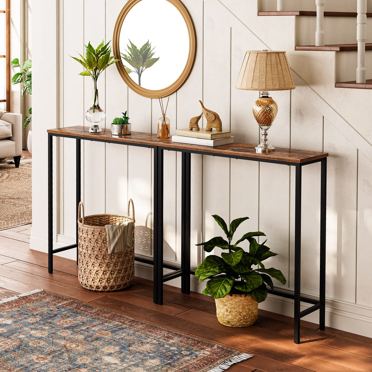 Narrow Console Table, Rustic Brown and Black F7169