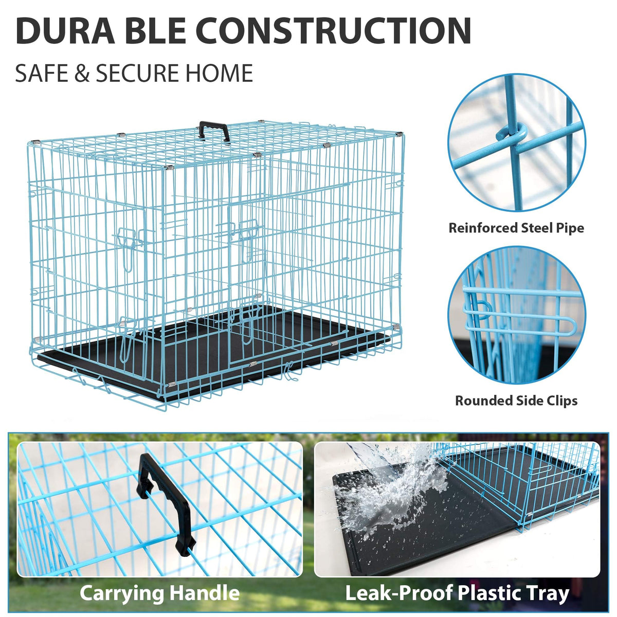 48 Inch Double-Door Folding Dog Crate with Tray and Handle V588