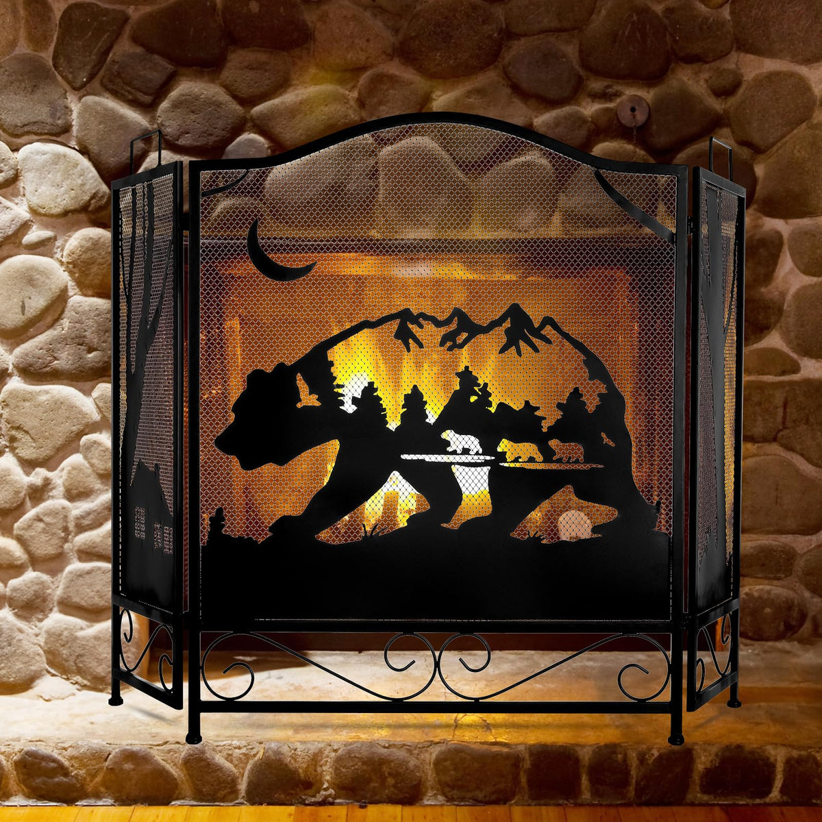3-Panel Folding Metal Fireplace Screen Black Q961