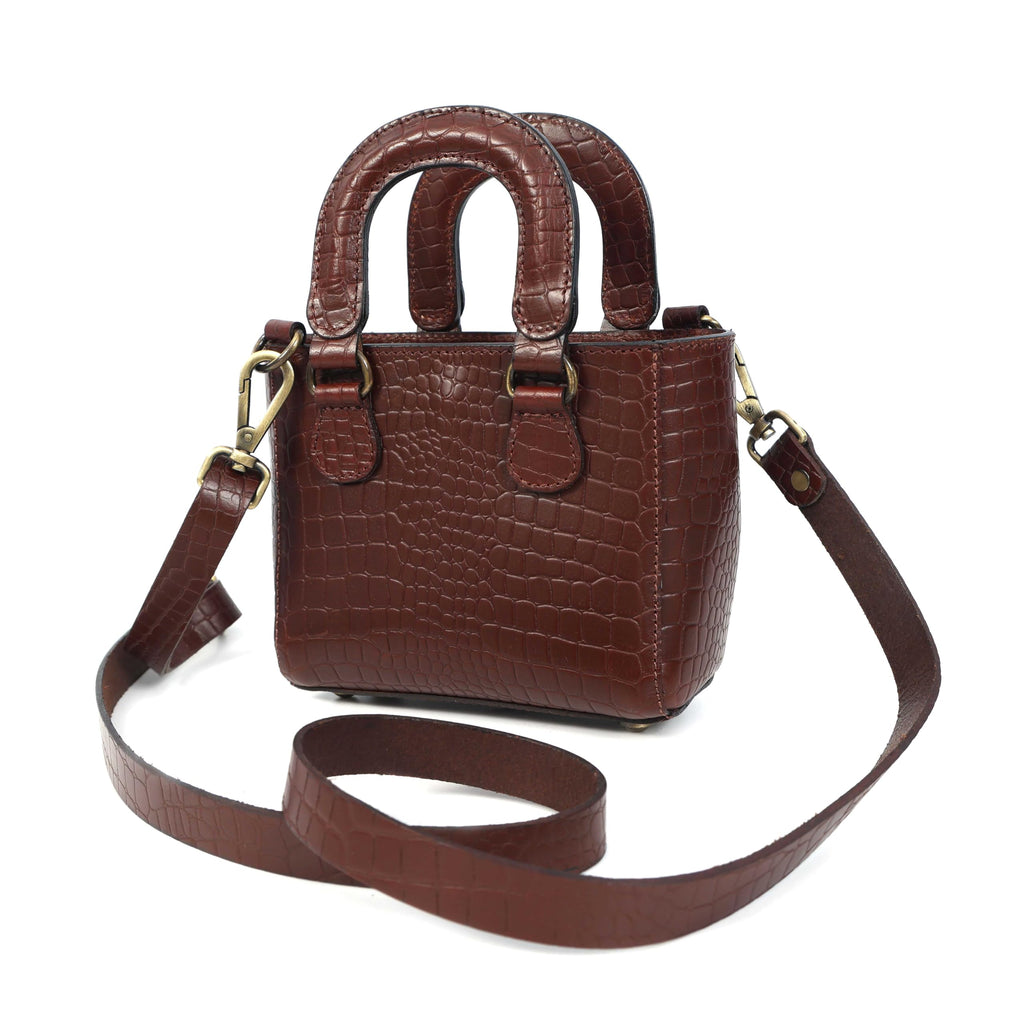 Tan Croc-Embossed Leather Mini Tote Crossbody Bag W131036