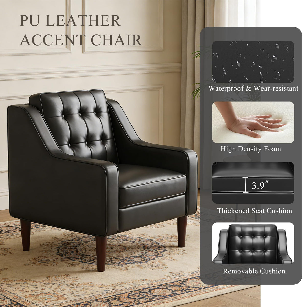 PU Leather Accent Chair Button-Tufted Upholstered Black L186