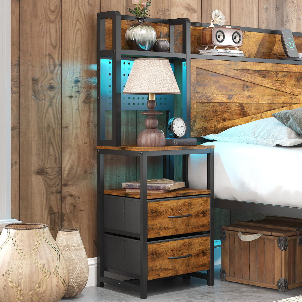 King Size Rustic Brown Bed Frame with Headboard and Nightstands I889060