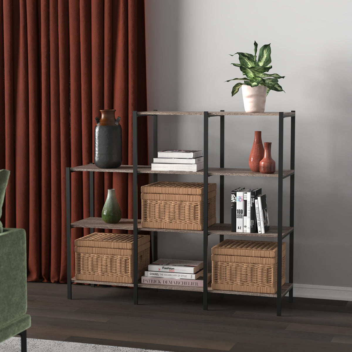 4-Tier Bookcase, 5 Shelves, Black Metal and Wood X18822