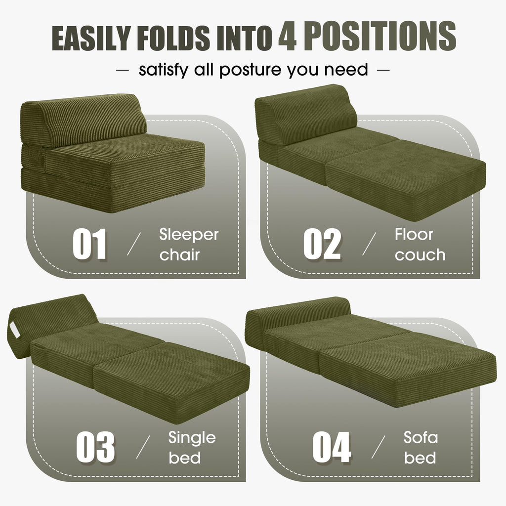 Folding Sofa Bed with Pillow, Memory Foam Sleeper Chair, Green A193