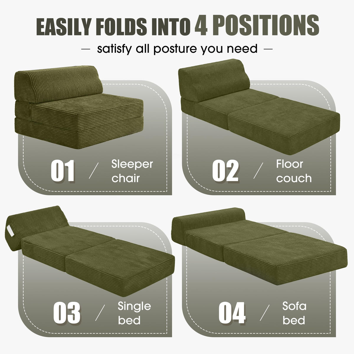 Folding Sofa Bed with Pillow, Memory Foam Sleeper Chair, Green A193
