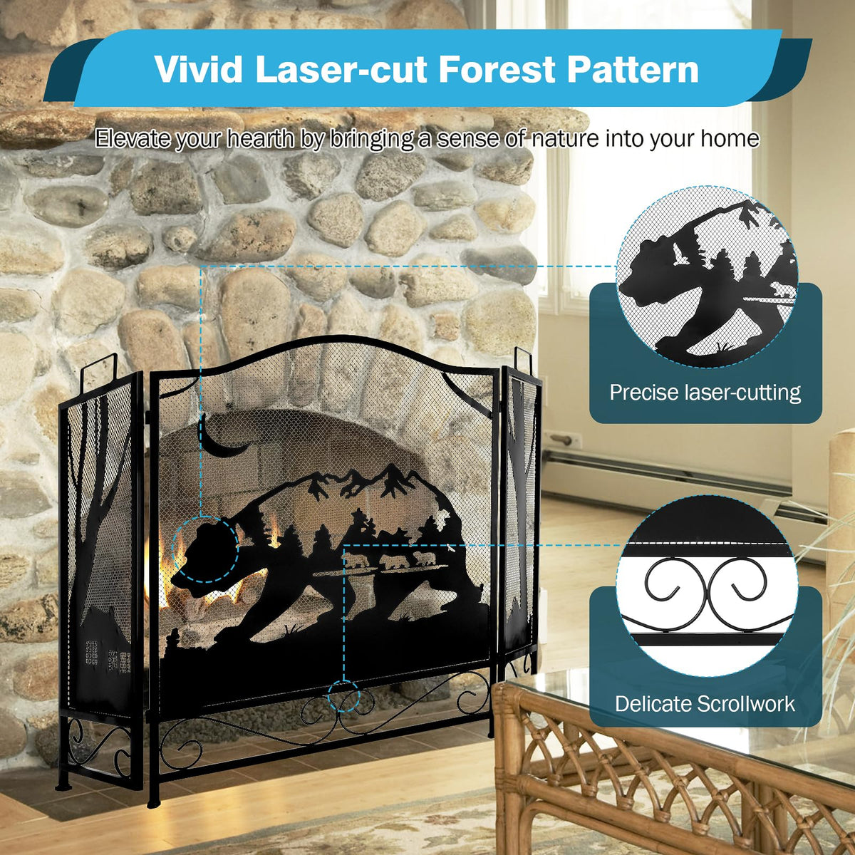 3-Panel Folding Metal Fireplace Screen Black Q961