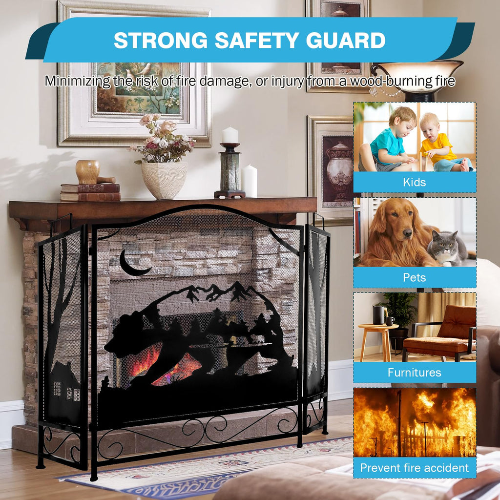 3-Panel Folding Metal Fireplace Screen Black Q961