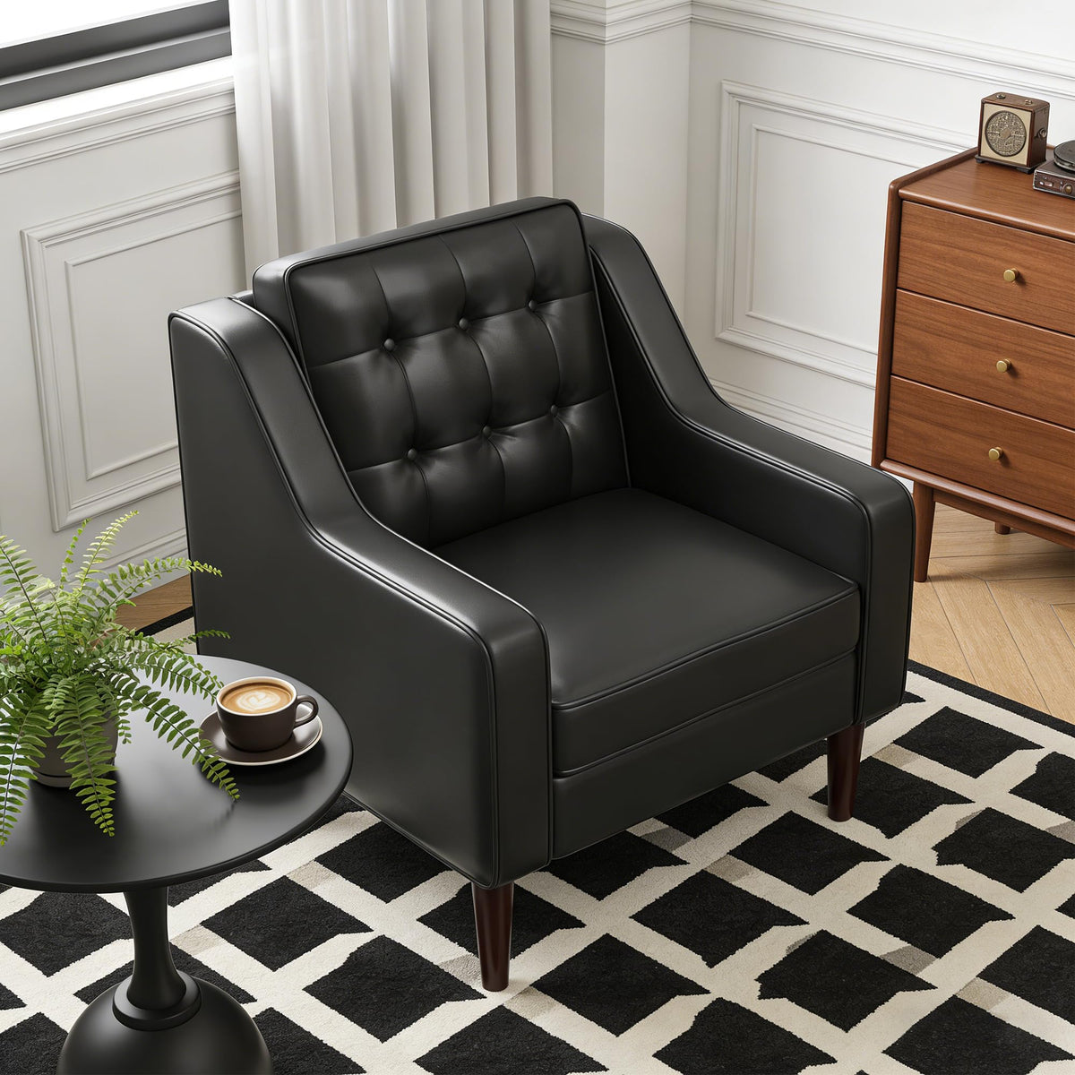 PU Leather Accent Chair Button-Tufted Upholstered Black L186