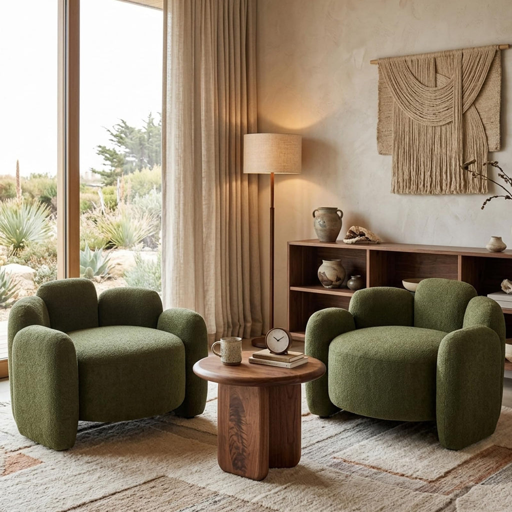 Green Mid-Century Modern Accent Chairs Set of 2 Upholstered Barrel Side Chairs with Solid Wood Base B3093