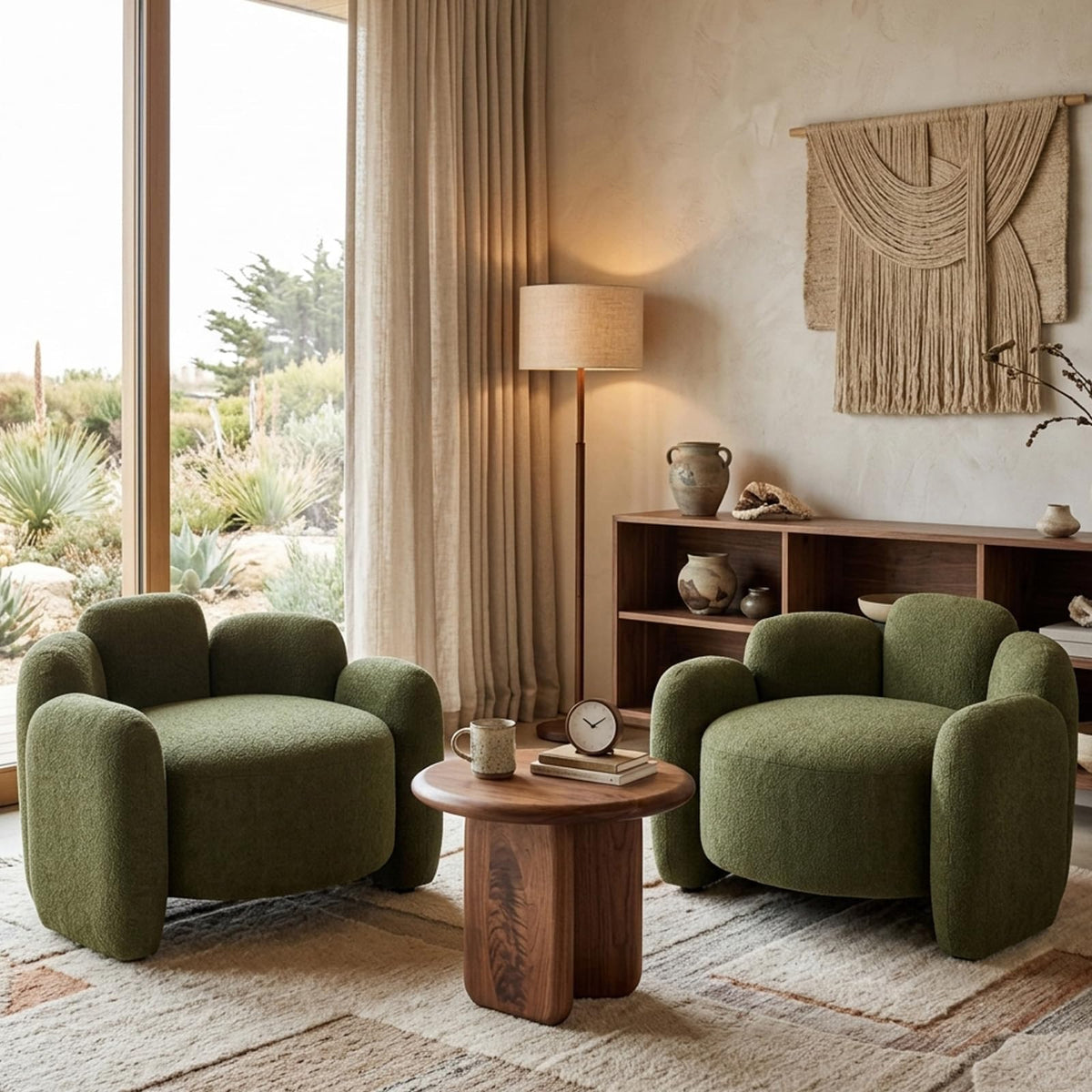 Green Mid-Century Modern Accent Chairs Set of 2 Upholstered Barrel Side Chairs with Solid Wood Base B3093