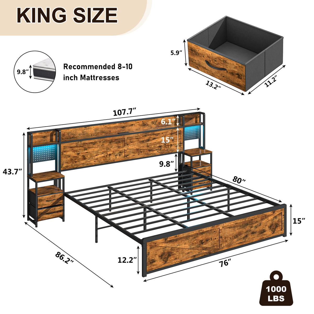 King Size Rustic Brown Bed Frame with Headboard and Nightstands I889060