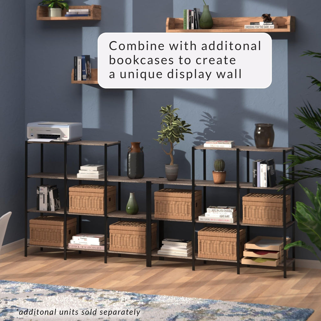 4-Tier Bookcase, 5 Shelves, Black Metal and Wood X18822