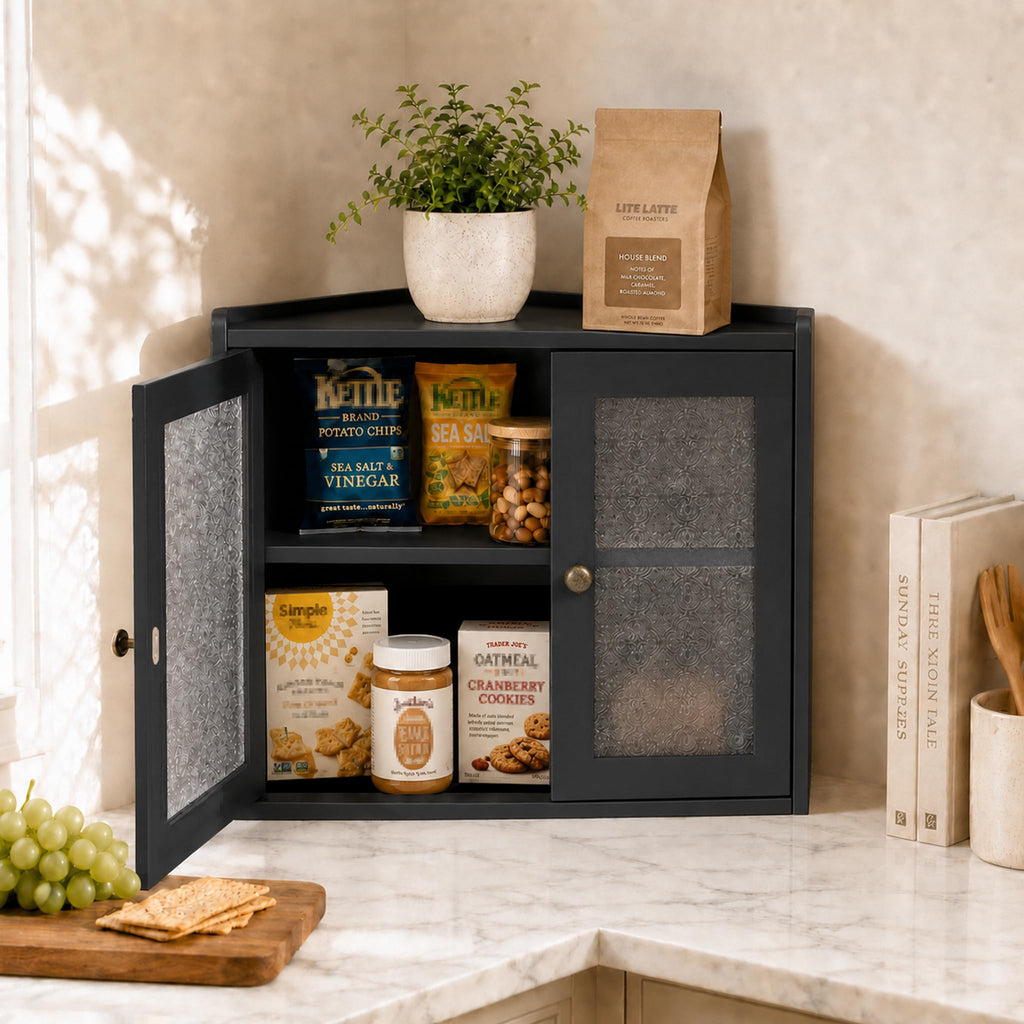 Black 2-Tier Wooden Corner Bread Box U90196