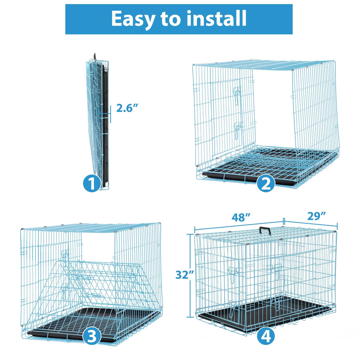 48 Inch Double-Door Folding Dog Crate with Tray and Handle V588