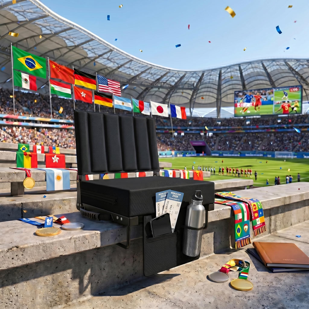 Black Padded Portable Folding Stadium Seat with Back Support and Cup Holder L480276