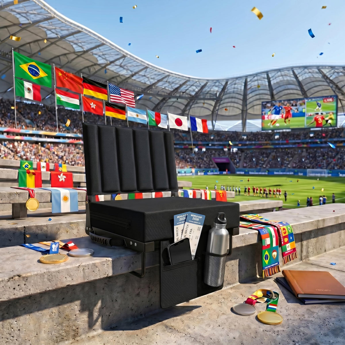 Black Padded Portable Folding Stadium Seat with Back Support and Cup Holder L480276