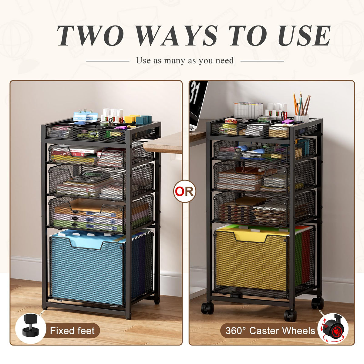 Rolling File Cart with 4 Storage Drawers, Black Metal L753