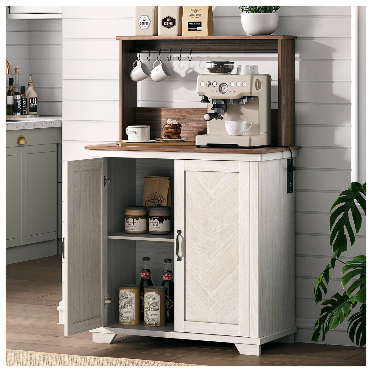 White Coffee Bar Cabinet with Storage and Charging K559