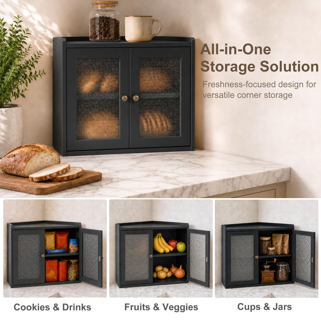 Black 2-Tier Wooden Corner Bread Box U90196
