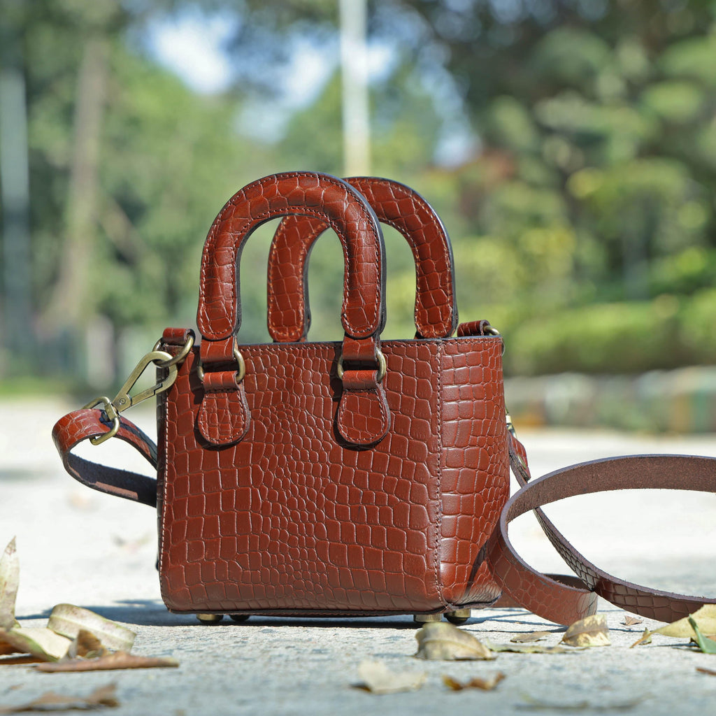 Tan Croc-Embossed Leather Mini Tote Crossbody Bag W131036