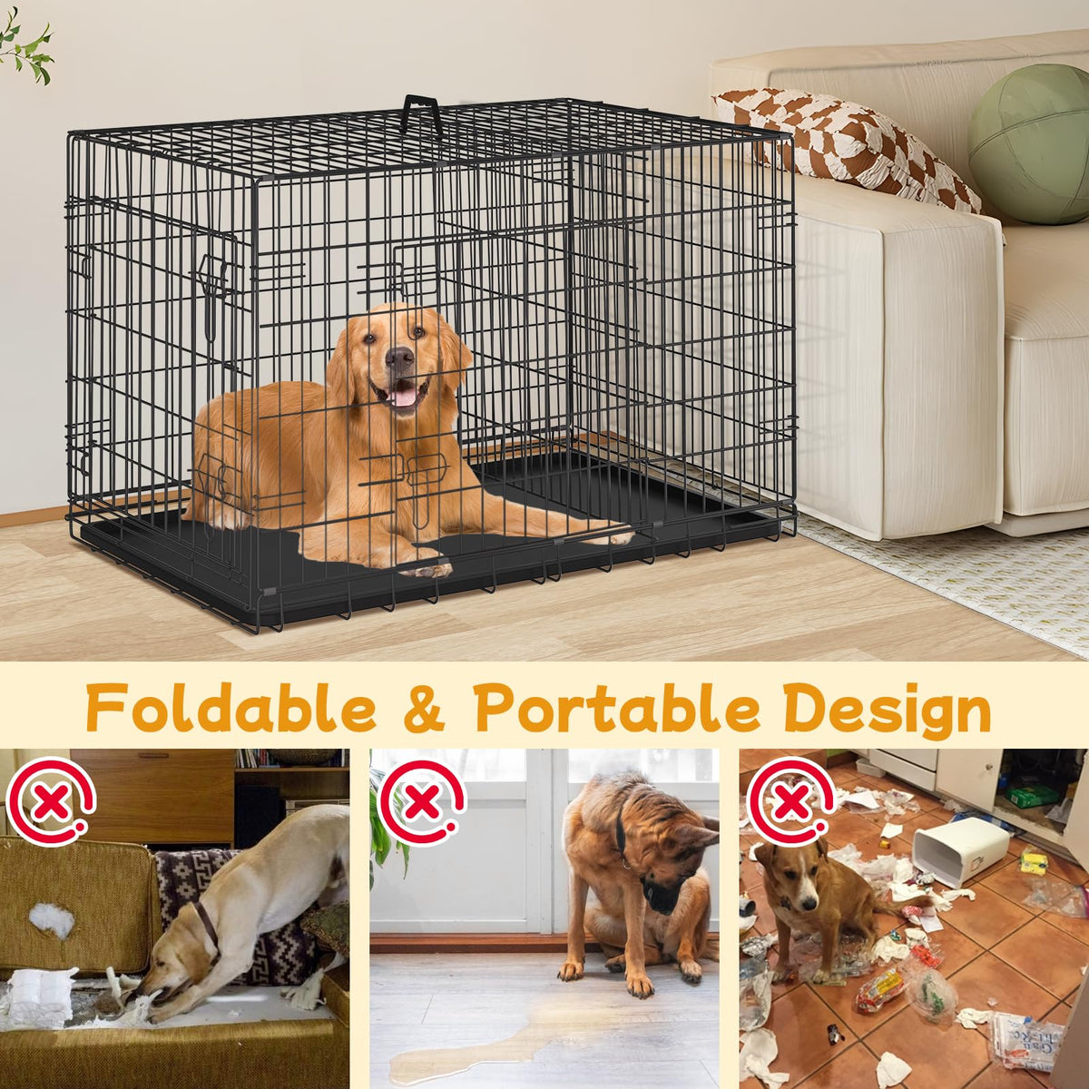 48 Inch Folding Metal Wire Dog Crate with Divider Panel & Removable Tray J1285