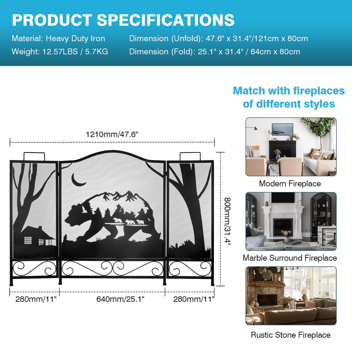 3-Panel Folding Metal Fireplace Screen Black Q961
