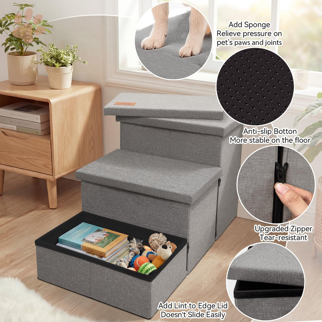Grey 3 Steps Dog Stairs with Storage F832456