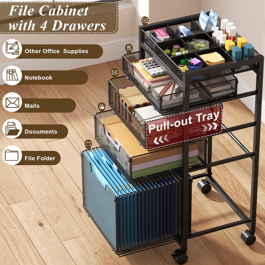 Rolling File Cart with 4 Storage Drawers, Black Metal L753