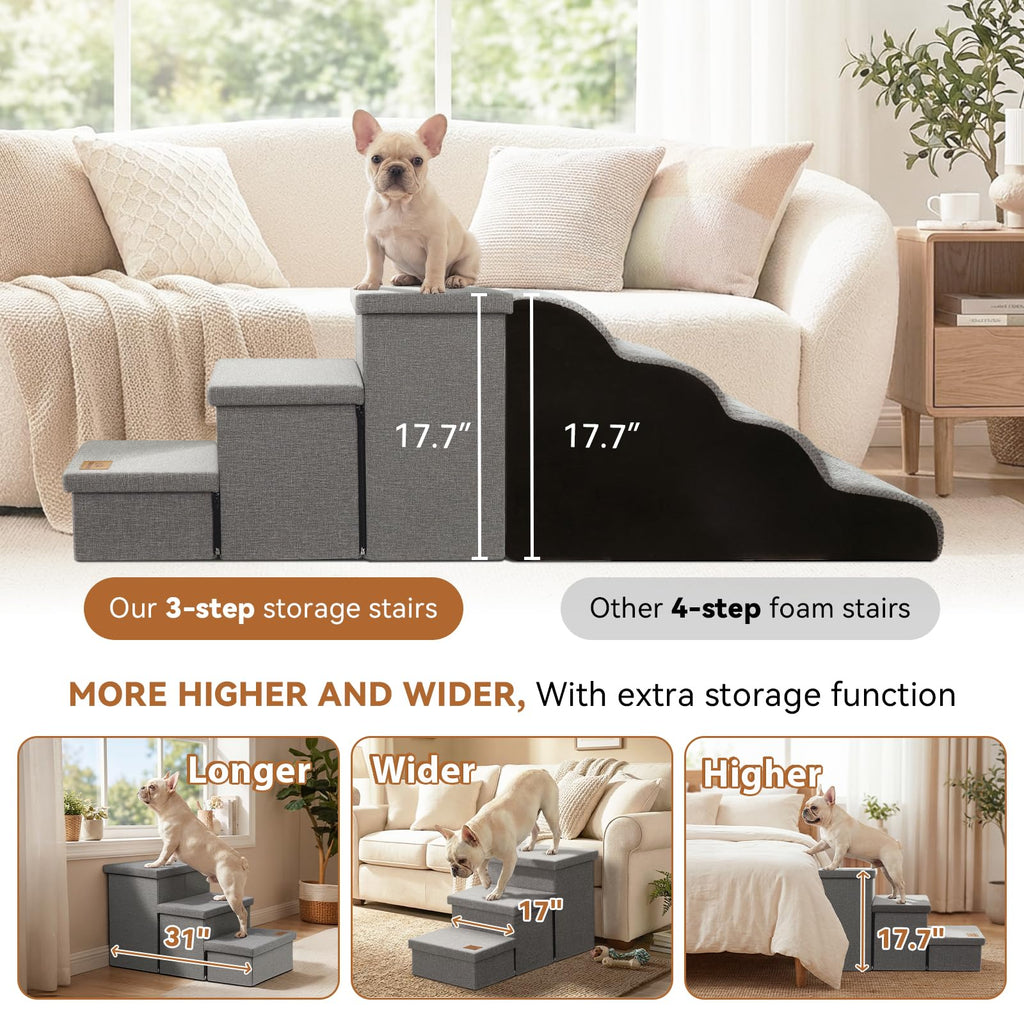 Grey 3 Steps Dog Stairs with Storage F832456