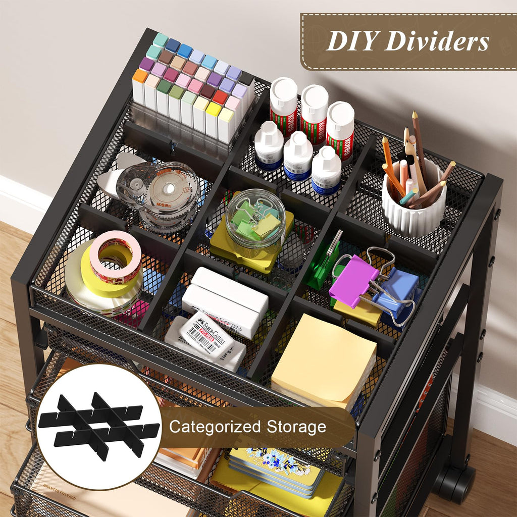 Rolling File Cart with 4 Storage Drawers, Black Metal L753