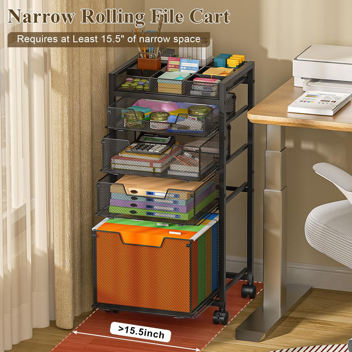 Rolling File Cart with 4 Storage Drawers, Black Metal L753