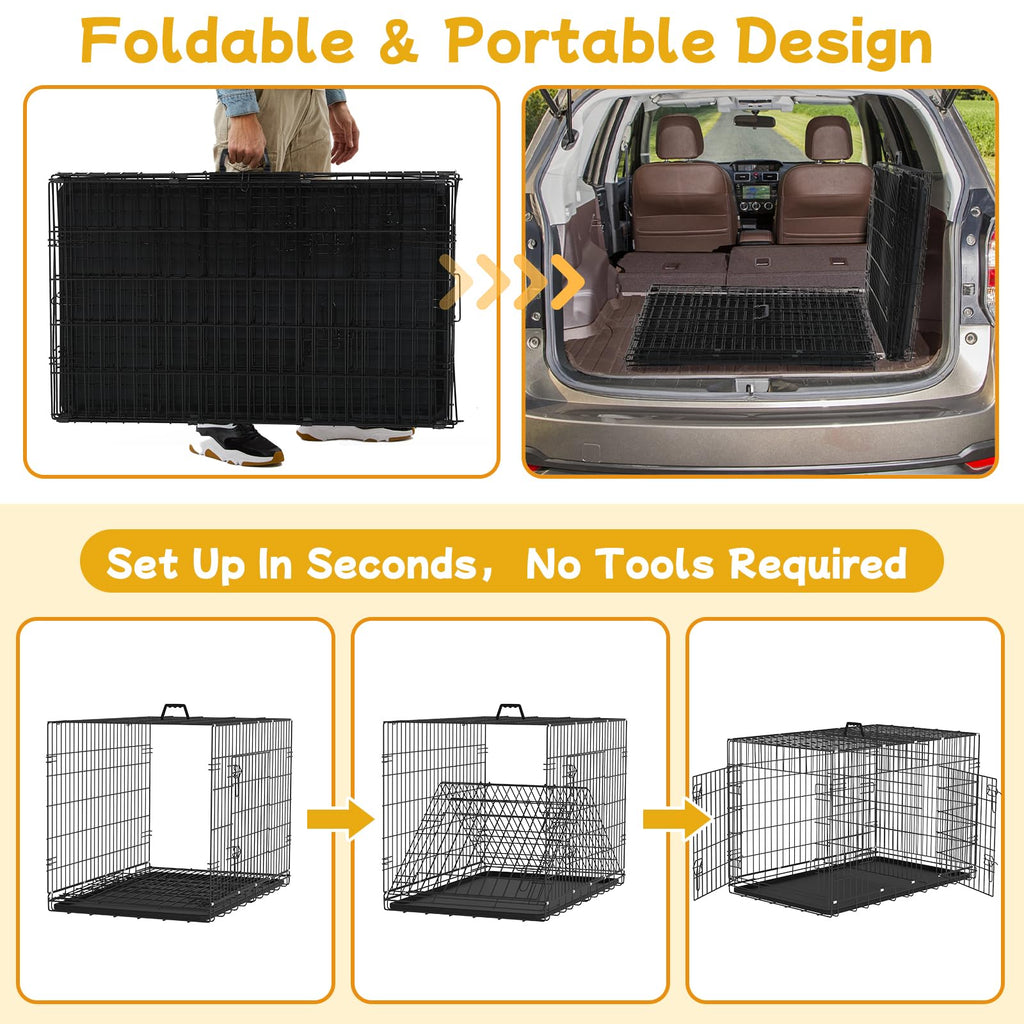 48 Inch Folding Metal Wire Dog Crate with Divider Panel & Removable Tray J1285