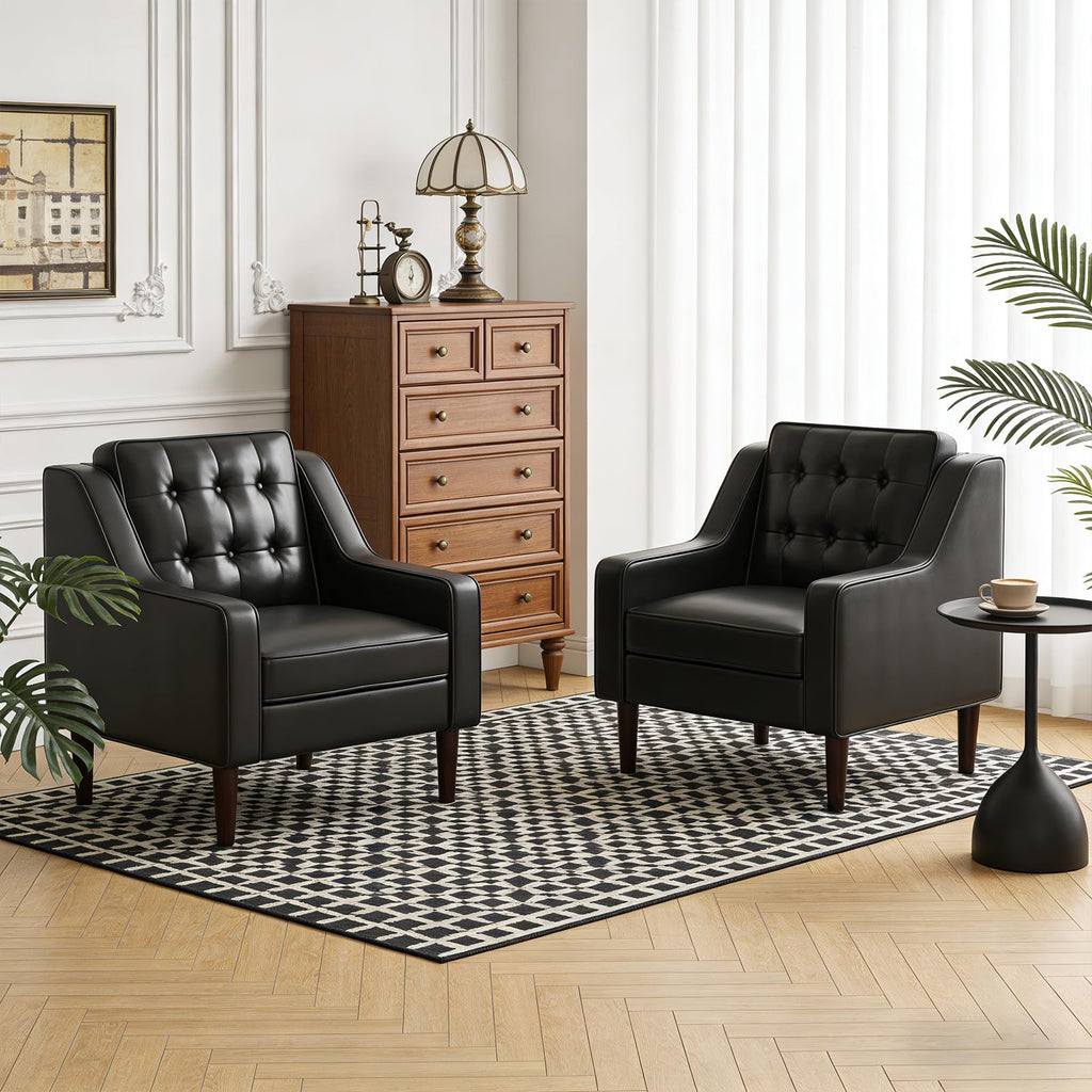 PU Leather Accent Chair Button-Tufted Upholstered Black L186