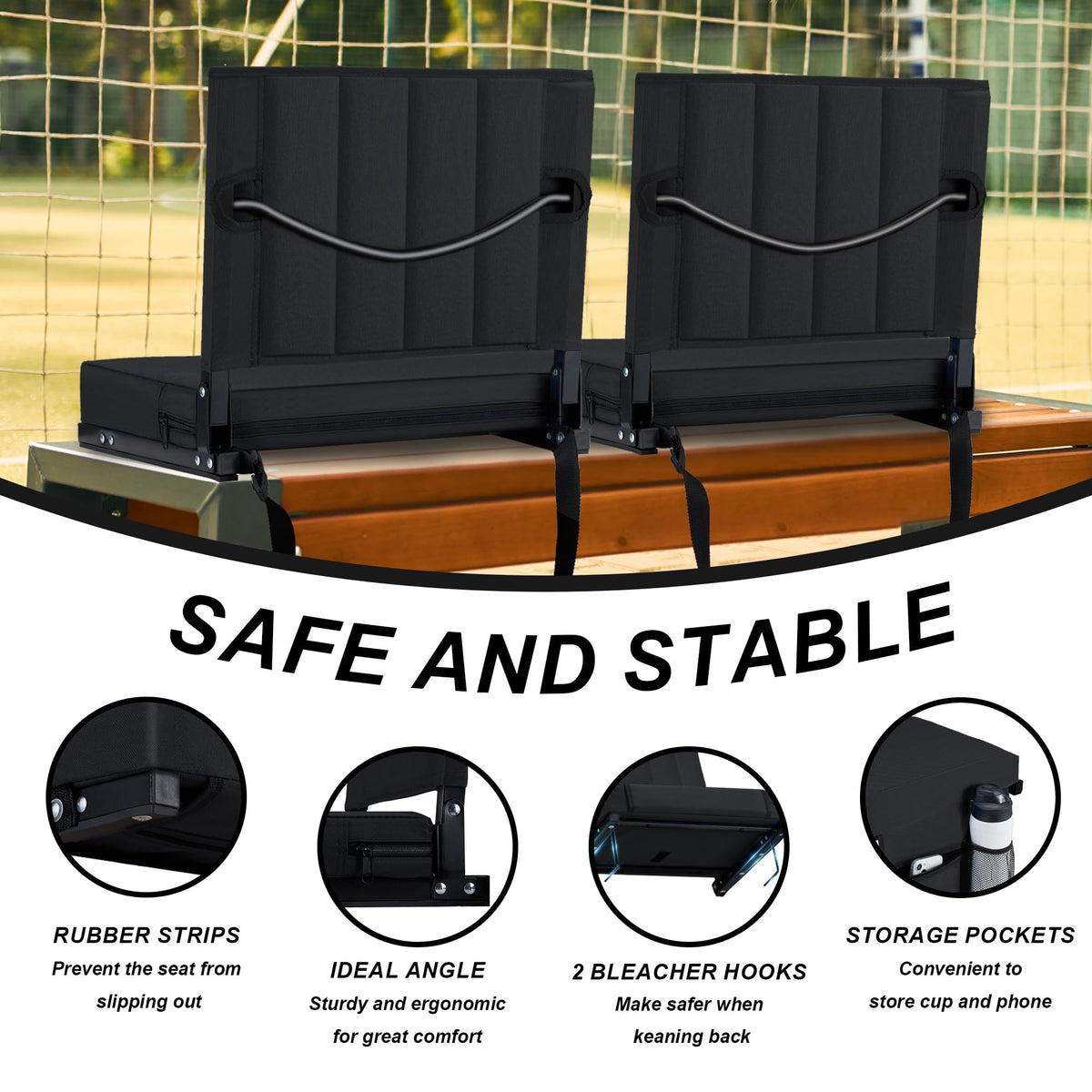 Black Padded Portable Folding Stadium Seat with Back Support and Cup Holder L480276